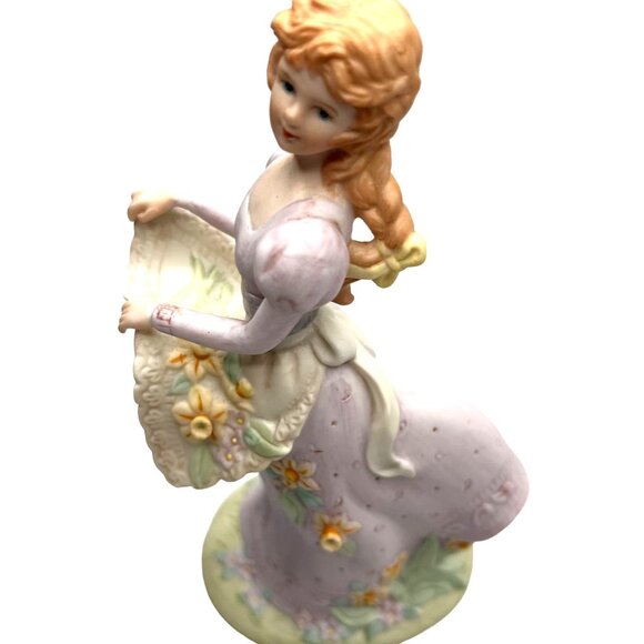 Rare Vintage Homco Bisque Porcelain Figure Victorian Lady Flowers Not Music Box - Picture 4 of 16